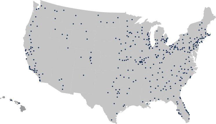 Dark Gray map of the United States with navy blue dots indicating the more than 400 branches of Stifel